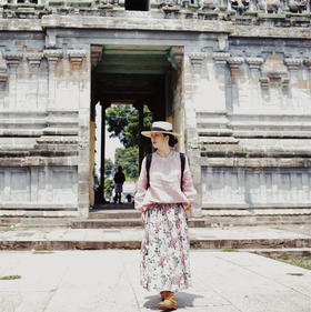 绽放旅行女装539朵/复活款·2018年苎麻印花松紧腰抽褶半身长裙女