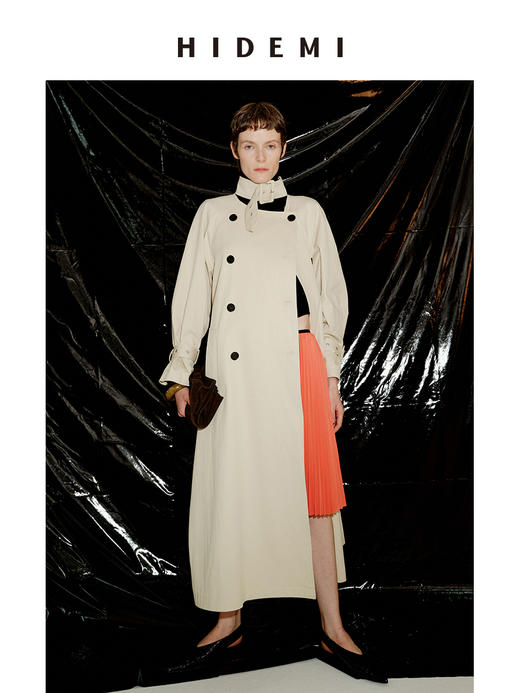 HIDEMI 进口棉立领扣头设计感双排扣廓形宽松经典英伦长款风衣 商品图2