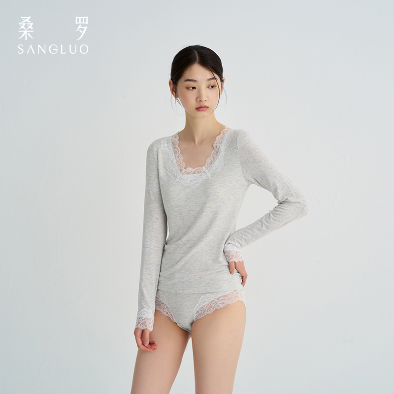 贴身裸感』桑罗长袖短裤无痕打底套装防凸点免穿文胸蕾丝拼接设计