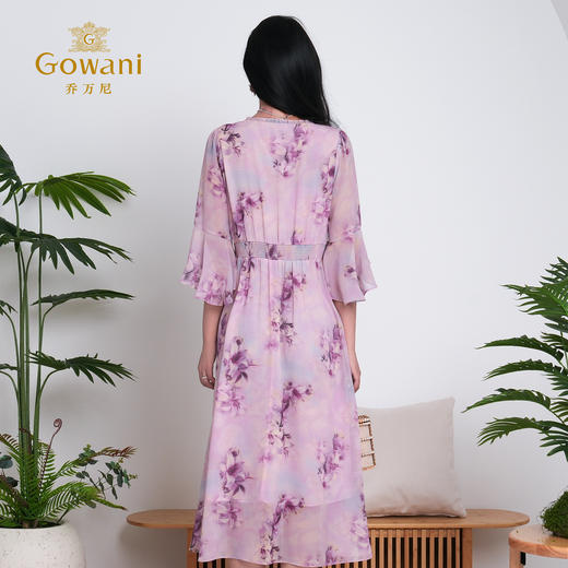 乔万尼新品大女主气质粉韵水彩印花V领收腰连衣裙ED2E521 商品图4