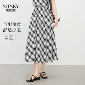 【专属特价】熙世界复古黑白格子半身裙女夏季新款高腰休闲中长款百褶A字伞裙