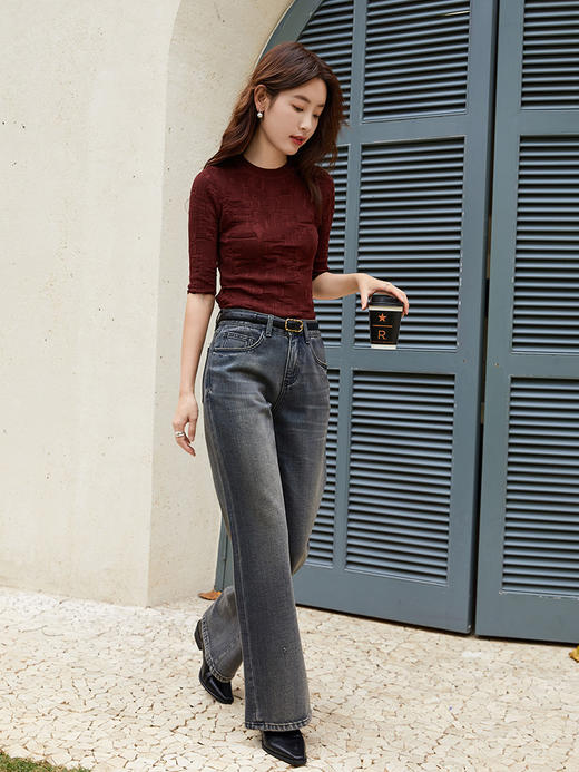 复古感拉满！酒红色提花针织衫 中袖修身 显瘦打底上衣女 商品图1