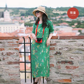 绽放女装538朵/限量复活款·2017年亚麻印花圆领落肩八分袖连衣裙