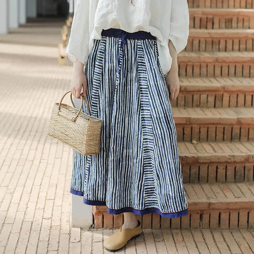 绽放旅行女装416朵/复活款·2019年印花提花亚麻全腰松紧半身裙女 商品图3
