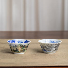 一儒堂青花墨彩山水小对杯