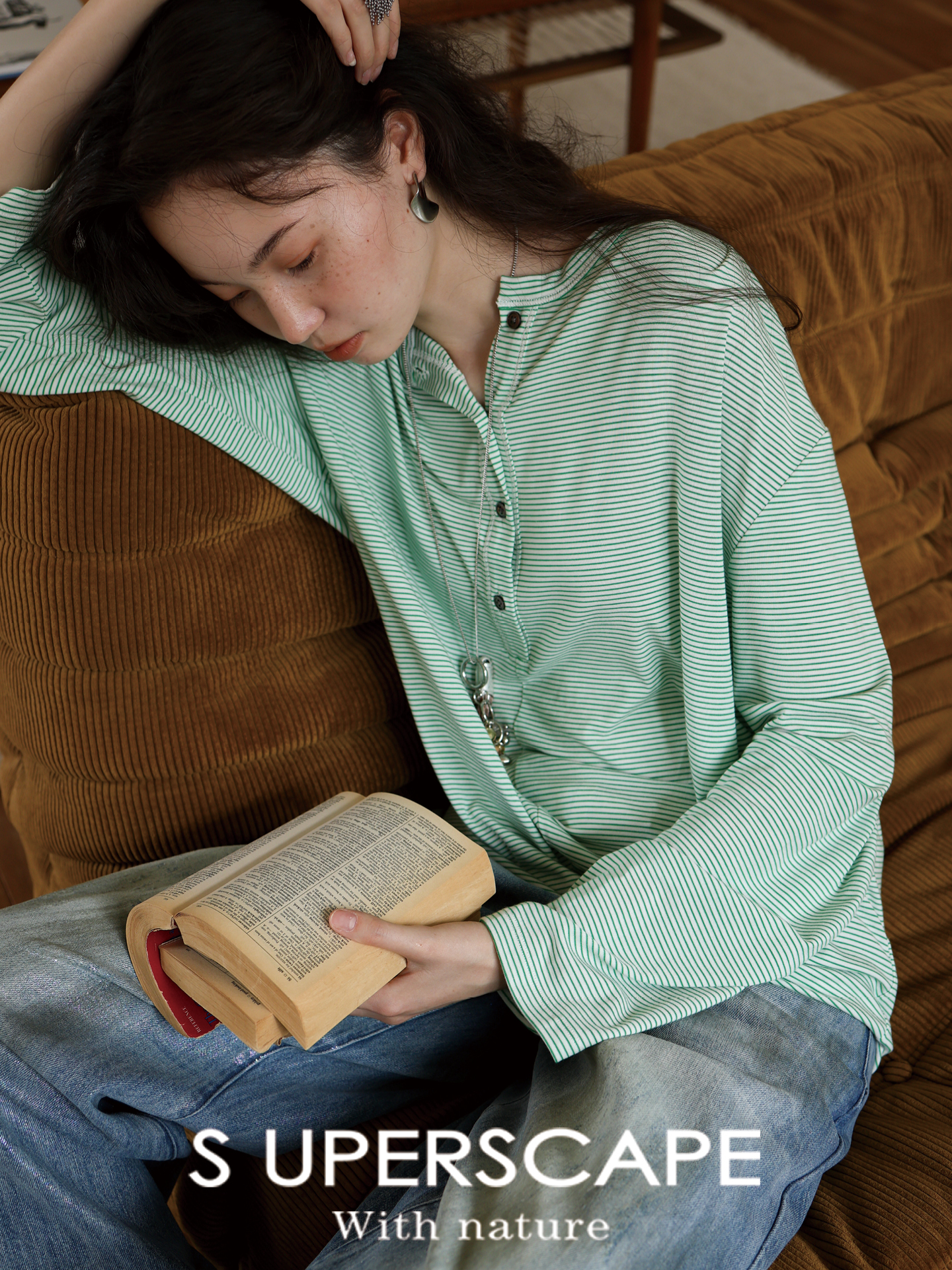 素舶 呼吸感莱塞尔撞色条纹宽松设计感堆褶亨利领长袖罩衫