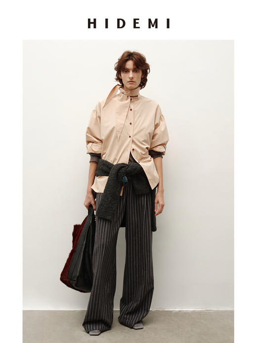 HIDEMI 进口粘胶极简设计感长剪刀领系带廓形宽松感肉桂裸粉色衬衫 商品图1