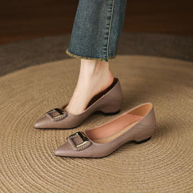 【预售5天】软面羊皮时尚方扣坡跟，内增真皮通勤尖头小皮鞋浅口单鞋LD&7417