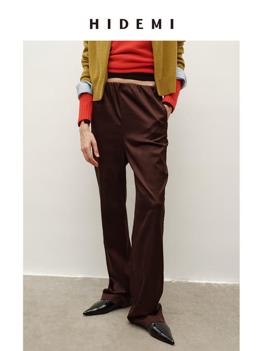 HIDEMI 乌木棕雾感缎面进口聚氨酯天丝棉松紧腰直筒裤长裤 商品图2