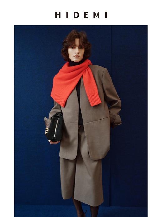 HIDEMI 进口甄选天丝羊毛拼接领v领无领宽肩廓形极简设计感男朋友时髦西装 商品图10