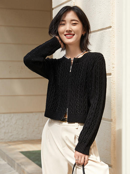 黑色亮片针织开衫女 短款拉链长袖上衣 春秋季修身显瘦毛衣外套 商品图0