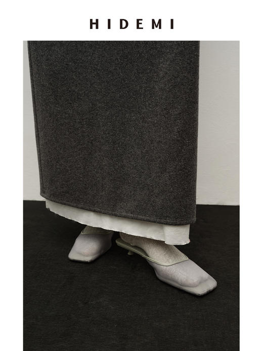 HIDEMI 高级灰极简方头进口小羊皮拼接手工镶嵌包边网纱小猫跟穆勒拖鞋 商品图0