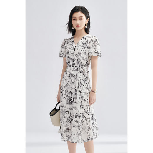 米思阳2025夏季新款优雅气质天丝连衣裙收腰国风水墨画连衣裙1003 商品图3