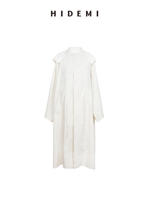 HIDEMI 进口百分百雨露亚麻超大版型大廓形可拆卸帽抽绳设计感长款慵懒时髦风衣 商品图7