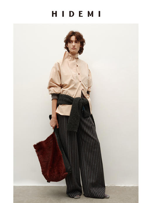 HIDEMI 进口粘胶极简设计感长剪刀领系带廓形宽松感肉桂裸粉色衬衫 商品图3