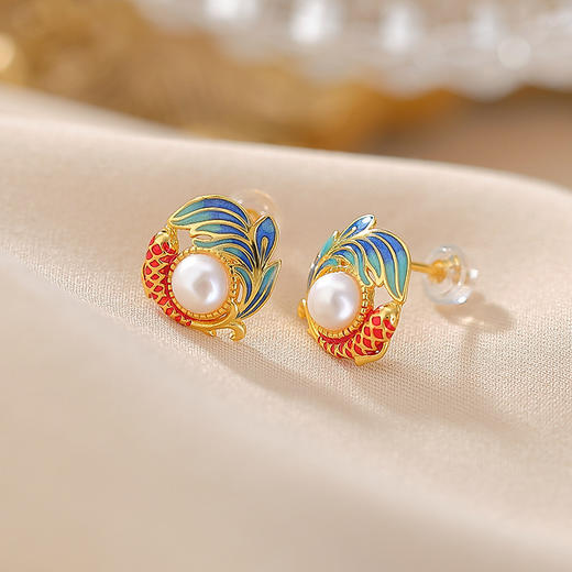 【国风鲤鱼】S925纯银珐琅彩锦鲤鱼圆形敦煌风淡水珍珠耳钉【CW-ED03960】 商品图2