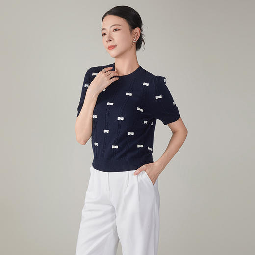 「自」全新升级【铂金会员330/天猫449/差价119】(03559)洛诗琳新款提花针织衫2025夏季慵懒羊毛圆领套头上衣女 商品图2