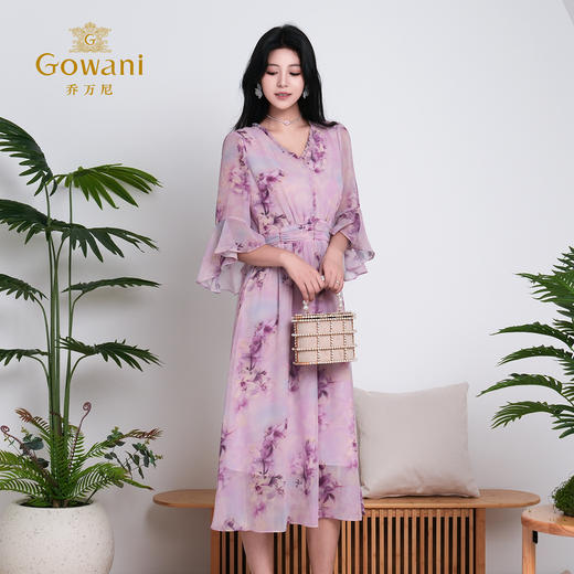 乔万尼新品大女主气质粉韵水彩印花V领收腰连衣裙ED2E521 商品图3