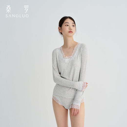 贴身裸感』桑罗长袖短裤无痕打底套装防凸点免穿文胸蕾丝拼接设计 商品图1