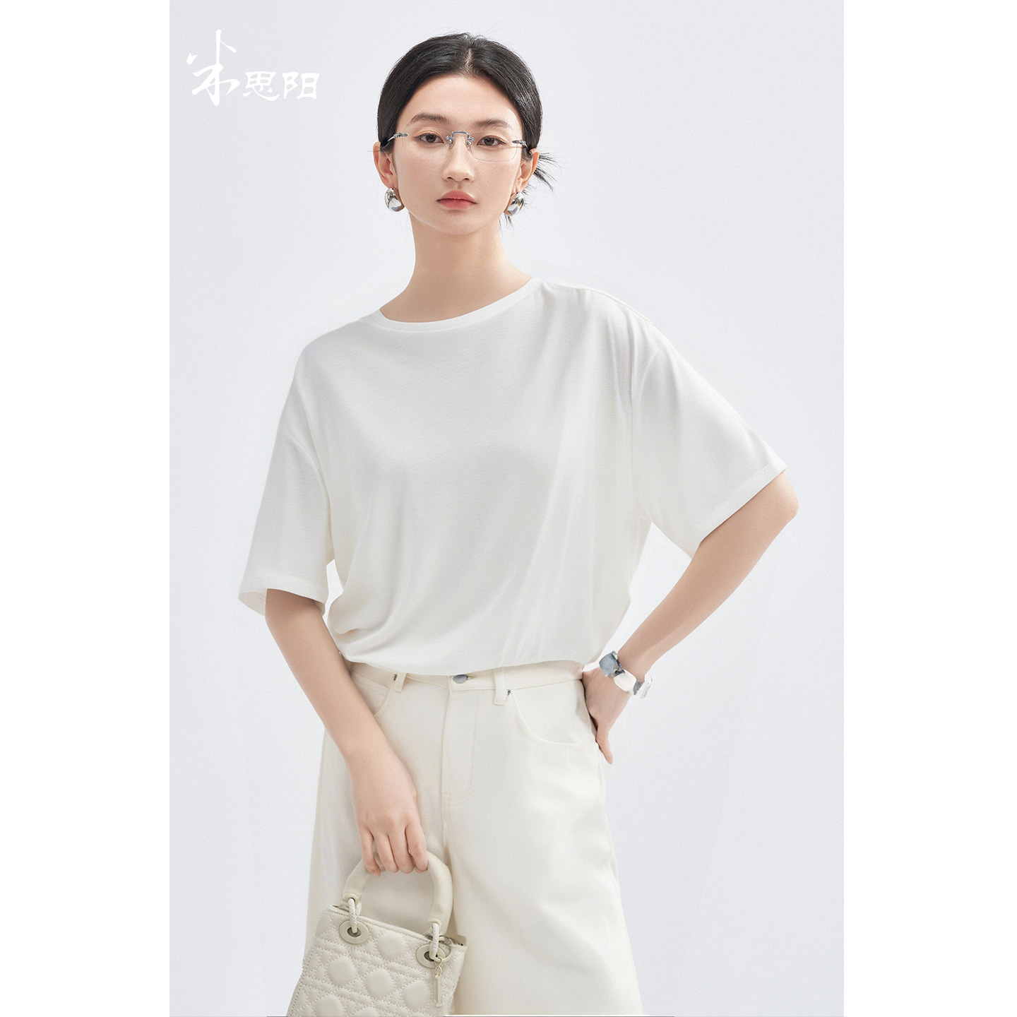 天丝蚕丝混纺软糯T恤 米思阳2025夏季新款休闲百搭宽松T恤舒适上衣女5982