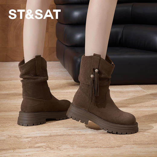 星期六舒适圆头复古流苏堆堆靴SSD3116C3Y 商品图1