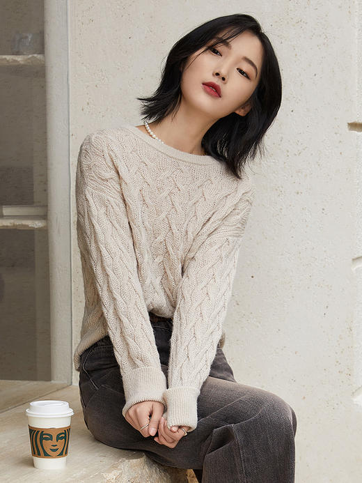 秋季复古麻花毛衣女 宽松慵懒风圆领套头针织衫 温柔风软糯上衣 商品图0