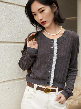 别致木耳边拼接圆领针织开衫女 修身短款气质显瘦上衣
