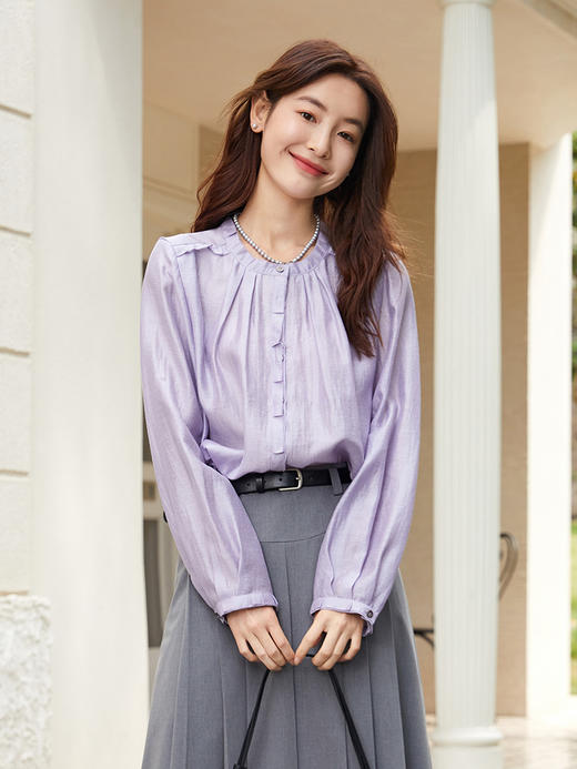 温柔气质担当！浅紫色圆领褶皱衬衫 通勤日常都绝 商品图0