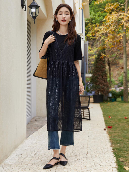 性感 V 领无袖亮片网纱连衣裙 宽松显瘦气质女款中裙 商品图1