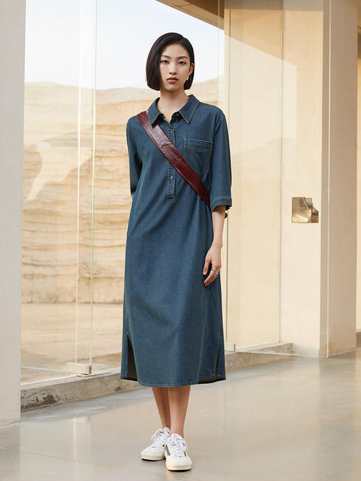 复古牛仔衬衫连衣裙女 中袖开叉设计 配棕色斜挎带超有范 商品图1