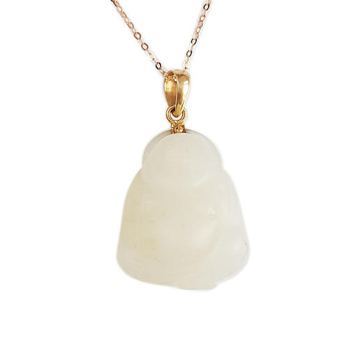 【天然正品】AU750黄金镶天然细腻新疆料一级白佛公和田玉吊坠项链33.7*19.6*10.9MM（皆取最大值）链长:45CM（长度可调节）女性现售价：1680！020725AH44 商品图0