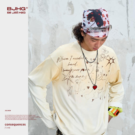 BJHG不计后果趣味渐变长袖t恤男款秋季2025新款美式复古高级感T恤 商品图1