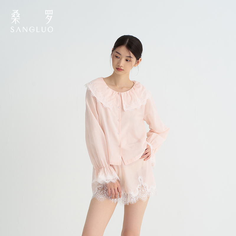 蔷薇暮光』桑罗免穿文胸丝棉睡衣套装刺绣蕾丝拼接女家居服可外穿