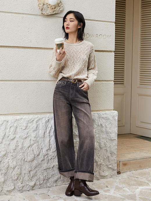 秋季复古麻花毛衣女 宽松慵懒风圆领套头针织衫 温柔风软糯上衣 商品图1