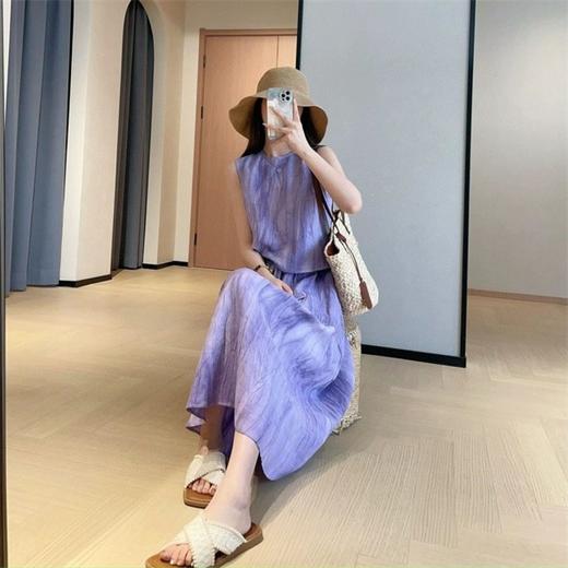 （3-5天发）秋知屿风·“桔梗紫”复古扎染褶皱亚麻背心半裙套装，褶皱肌理，扎染工艺，质直接拉满 商品图2