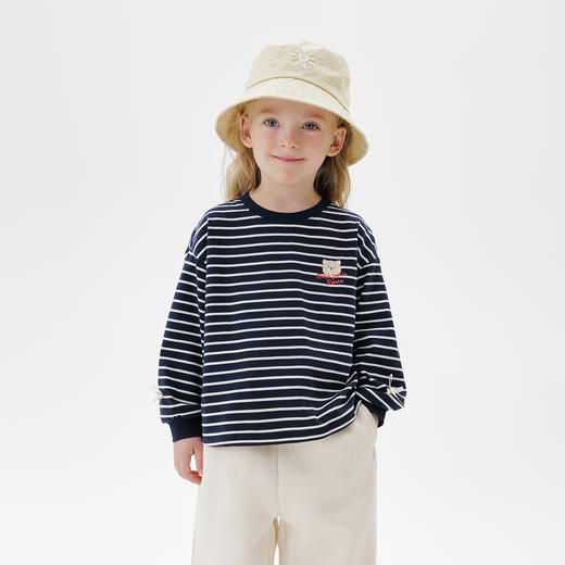 马克珍妮女童跳跃小熊条纹T恤 宝宝纯棉上衣2025年秋装新款551191 商品图1