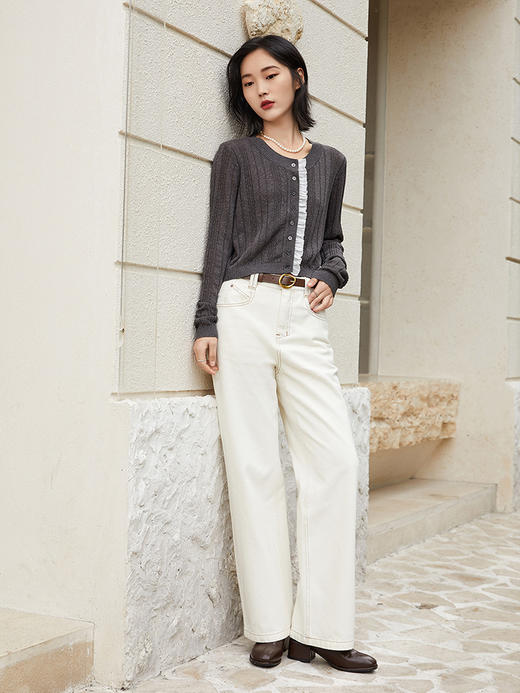 别致木耳边拼接圆领针织开衫女 修身短款气质显瘦上衣 商品图1