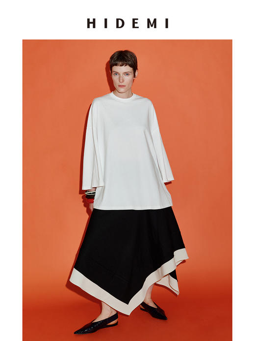 HIDEMI 进口可再生混纺纱线不对称黑白拼接设计感伞状经典时髦半身裙 商品图2