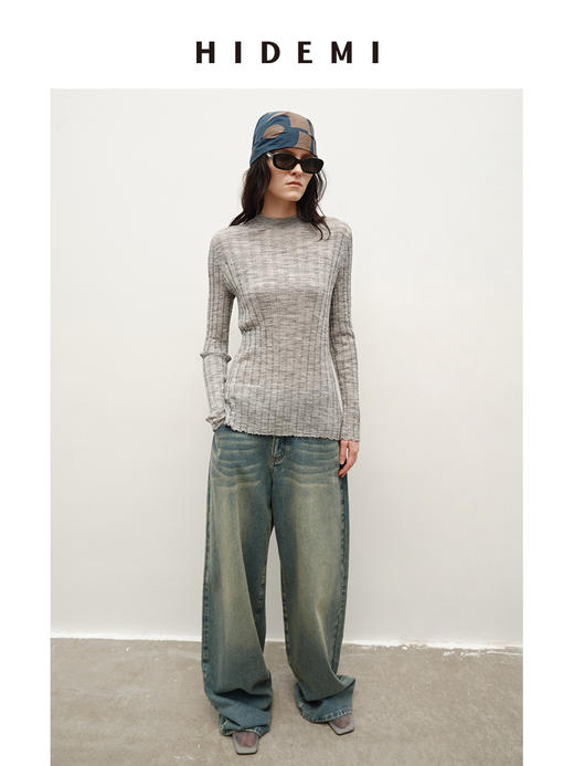 HIDEMI 多重水洗做旧感牛仔蓝泛白丹宁牛仔阔腿裤牛仔裤长裤 商品图10