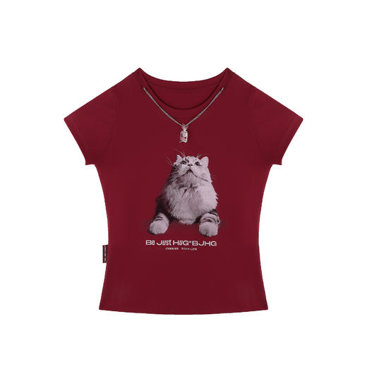 BJHG不计后果小猫抓鱼T恤短袖女款夏季微弹修身半袖凉感正肩T恤女 商品图4