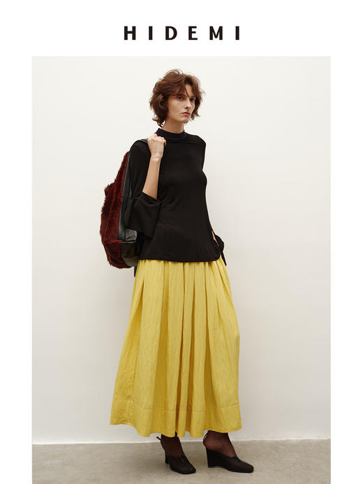 HIDEMI 进口顶级氨纶混纺纤维超顺滑弹力鱼尾袖极简立领拼接设计感纸片人上衣半裙伞裙套装 商品图8