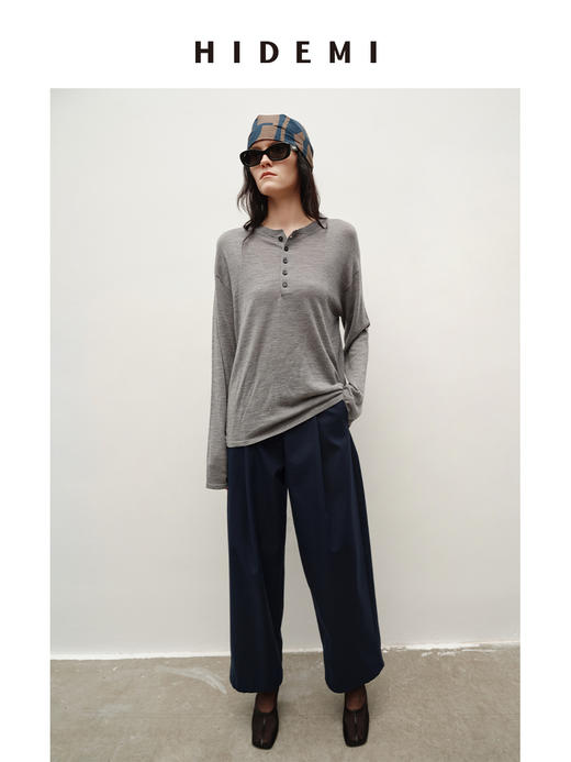 HIDEMI 进口澳洲美利奴羊毛极细高织纱线纽扣式亨利领廓形圆领毛衣 白色/马斯正红/灰色/藏蓝色 商品图3