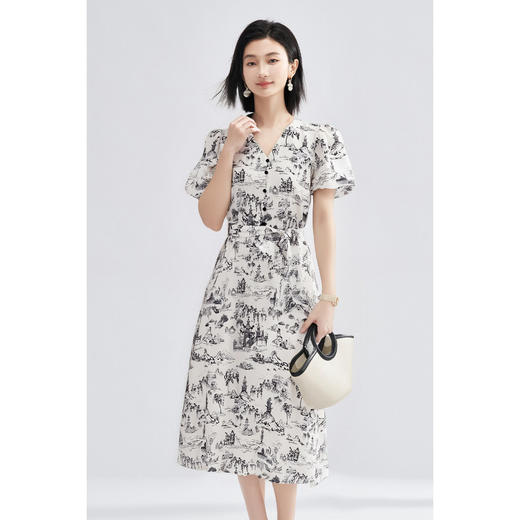 米思阳2025夏季新款优雅气质天丝连衣裙收腰国风水墨画连衣裙1003 商品图1