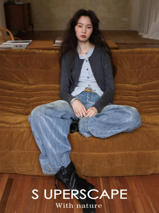 素舶 全棉牛仔面料舒适透气闪粉人鱼姬涂层抹脏宽松弯刀牛仔裤 商品图3