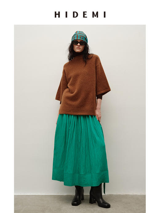 HIDEMI 【董生活同款】极简大伞状微褶皱艺术面料优雅时髦大花苞立裁褶皱半身长裙半身裙 商品图7