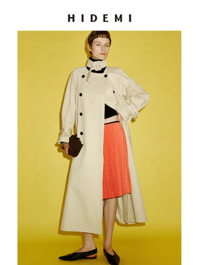 HIDEMI 进口棉立领扣头设计感双排扣廓形宽松经典英伦长款风衣