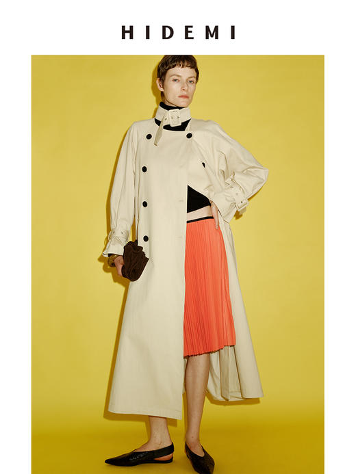 HIDEMI 进口棉立领扣头设计感双排扣廓形宽松经典英伦长款风衣 商品图0