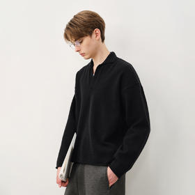 714street复古boxy短宽版型翻领毛衣男秋冬新款polo领卫衣情侣装