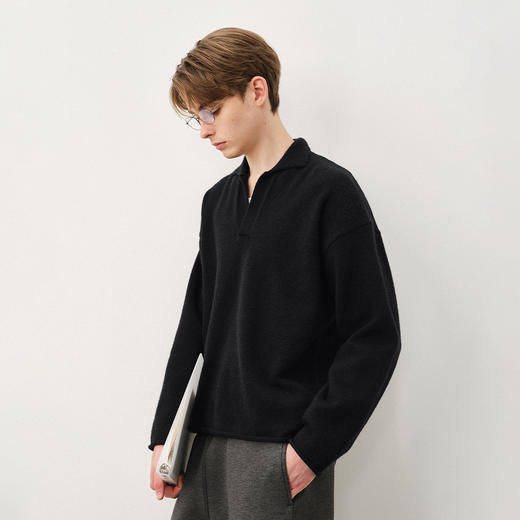 714street复古boxy短宽版型翻领毛衣男秋冬新款polo领卫衣情侣装 商品图0