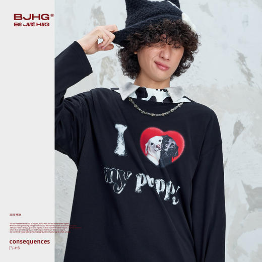 BJHG不计后果小狗趣味长袖t恤男款秋季基础打底设计感情侣装T恤女 商品图1